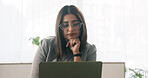 Tired, businesswoman and bored in office with laptop, glasses or burnout for paralegal administration. Law clerk, female person reading and fatigue in firm with computer, thinking or legal challenge.