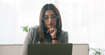 Buy stock photo Tired, businesswoman and bored in office with laptop, glasses or burnout for paralegal administration. Law clerk, female person reading and fatigue in firm with computer, thinking or legal challenge.