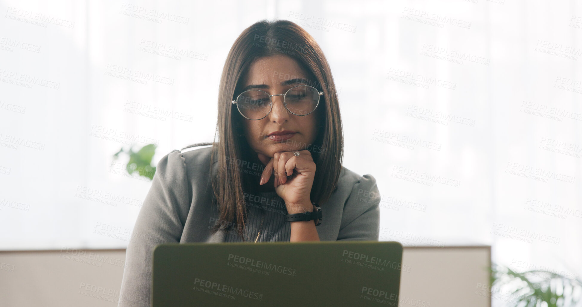 Buy stock photo Tired, businesswoman and bored in office with laptop, glasses or burnout for paralegal administration. Law clerk, female person reading and fatigue in firm with computer, thinking or legal challenge.