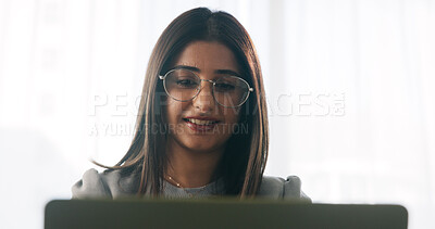 Buy stock photo Happy, businesswoman and reading in office with laptop, paralegal admin or good news for court case. Law clerk, smile and person in firm with computer, dispute resolution or review lawsuit settlement