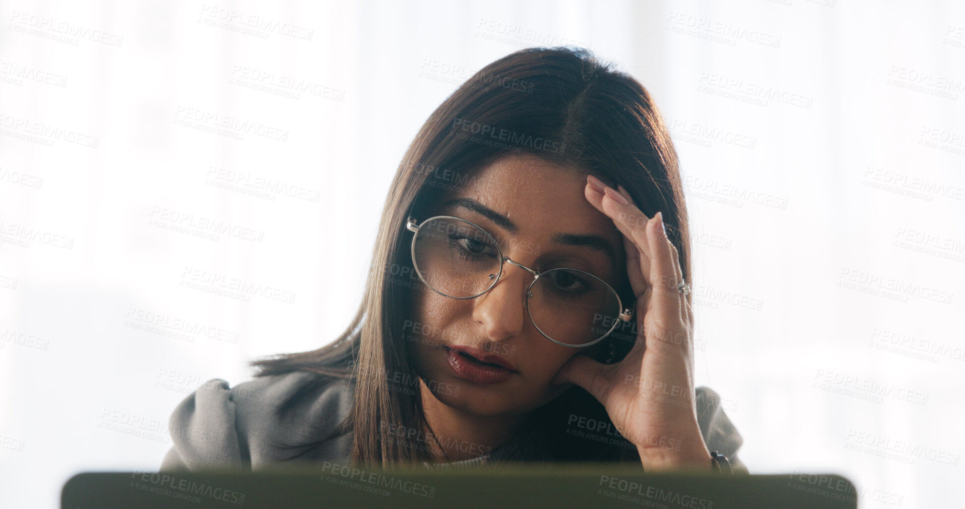 Buy stock photo Headache, laptop and business woman with stress in office, audit error and accounting mistake. Computer, accountant and person with migraine for financial fraud, bankruptcy email and tax crisis