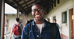Student, man or happy in campus portrait for education course, semester start or study scholarship. Learn, person or outdoor at community college for academic mission, knowledge or program confidence