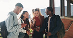 Education, phone and talking with student friends outdoor on campus for recess at college. App, conversation and learning with people sharing information on break at university for communication