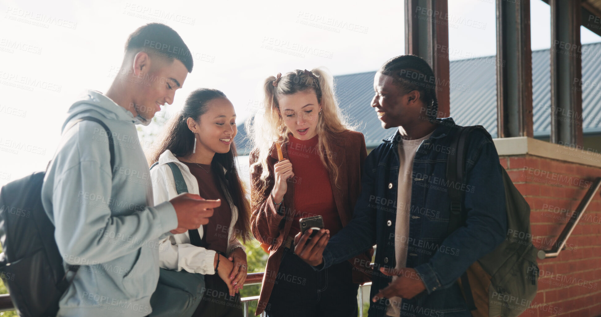 Buy stock photo Education, phone and talking with student friends outdoor on campus for recess at college. App, conversation and learning with people sharing information on break at university for communication