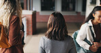 Friends, education and women at hallway in college, back and walking to class for development. University, students and people in corridor for campus arrival, scholarship or academic future at school