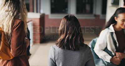 Buy stock photo Friends, education and women at hallway in college, back and walking to class for development. University, students and people in corridor for campus arrival, scholarship or academic future at school