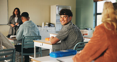 Buy stock photo Classroom, education and portrait of student at college for development or learning. Attention, lecture and lesson with smile of man at university campus for academics, curriculum or scholarship
