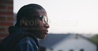 Buy stock photo Outdoor, inspiration and thinking with student on campus for development or growth. Education, future and opportunity with black man at college, school or university for academic knowledge or space