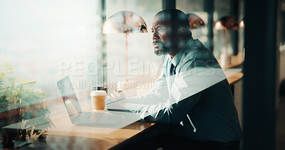 Buy stock photo Serious, business and thinking with black man at cafe for accounting, planning and audit solution. Mature person, laptop or accountant with reflection, problem solving and ideas for financial funding