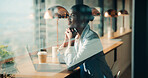 Thinking, business and black woman with smile at cafe for accounting, planning and audit solution. Female person, laptop or accountant with reflection, problem solving and ideas for financial funding