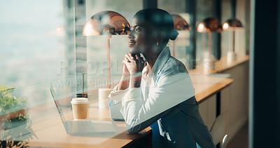 Buy stock photo Thinking, business and black woman with smile at cafe for accounting, planning and audit solution. Female person, laptop or accountant with reflection, problem solving and ideas for financial funding