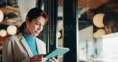 Buy stock photo Tablet, consultant and thinking with woman in office for client advisor, account manager and negotiation. Window, portfolio research and feedback with mature person in agency for communication
