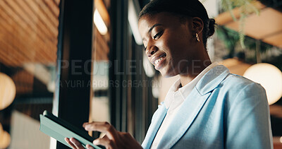 Buy stock photo Tablet, consultant and typing with black woman in office for client advisor, account manager and negotiation. Window, portfolio research and online feedback with person in agency for communication