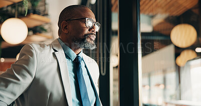 Buy stock photo Thinking, window and black man in office with ideas, reflection or decision for finance career. Planning, problem solving and mature financial manager with choice for job opportunity in workplace.