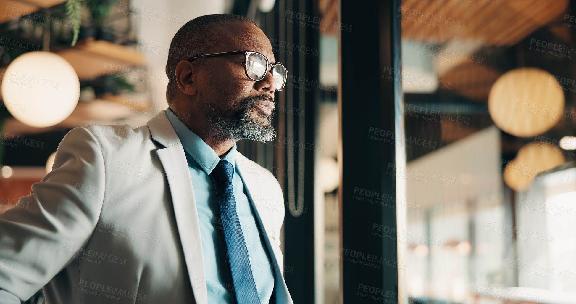 Buy stock photo Thinking, window and black man in office with ideas, reflection or decision for finance career. Planning, problem solving and mature financial manager with choice for job opportunity in workplace.