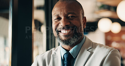Buy stock photo Portrait, restaurant and black man with small business, startup or entrepreneurship. Owner, professional and person with happiness for company growth, about us and hospitality in establishment 