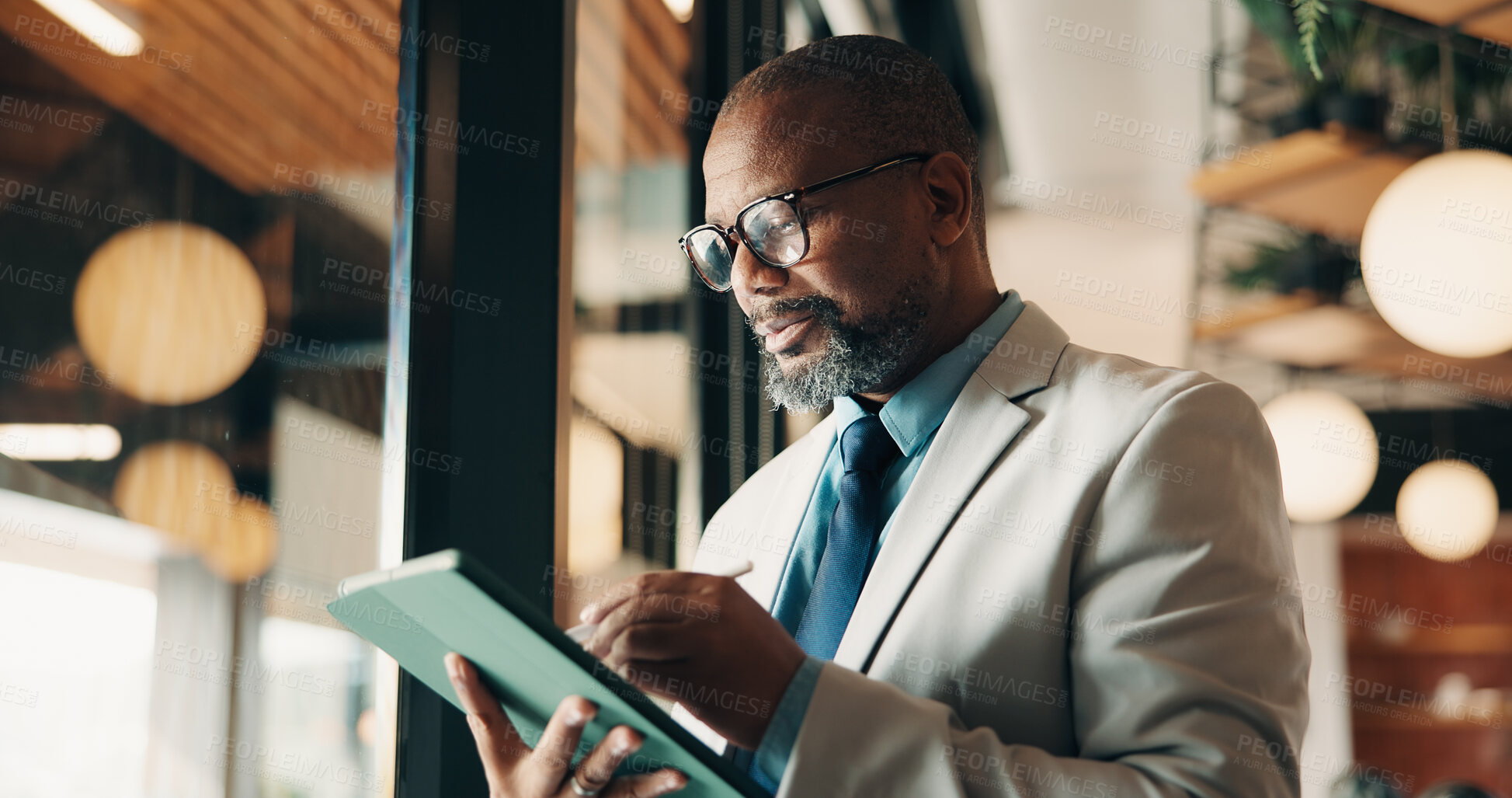 Buy stock photo Businessman, glasses and research with tablet in cafe, private wealth attorney and will draft on web. Black person, estate planning and mature lawyer with tech for project or remote work in office