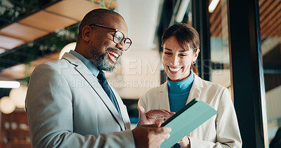 Buy stock photo Businessman, woman or happy with tablet at office for property development, report or proposal. Mature people, broker or realtor with tech, application and scroll with valuation at real estate agency