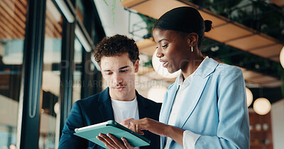Buy stock photo Businessman, woman and feedback with tablet at office for property development, report or proposal. People, broker and realtor with tech, application and notes with valuation at real estate agency
