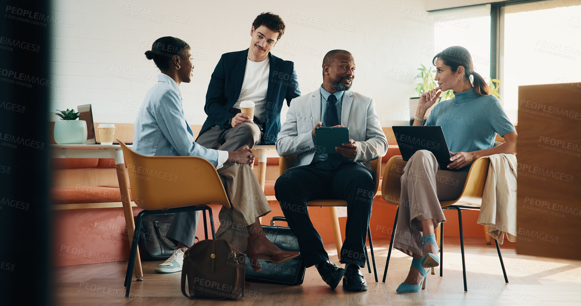 Buy stock photo Meeting, laptop and people in cafe with planning for small business, startup or project. Collaboration, tech and group of stakeholders with strategy, review or ideas for investment in coffee shop
