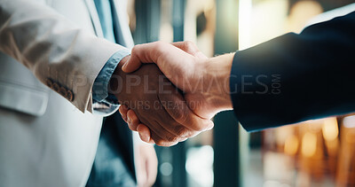 Buy stock photo Shaking hands, partnership and business people in office with meeting, greeting or finance negotiation. Contract, welcome and financial advisor with handshake for investment agreement or deal