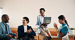 Meeting, clapping and people with startup success, goals or celebration of small business news. Collaboration, praise or applause for entrepreneur with good idea, achievement or proposal in office