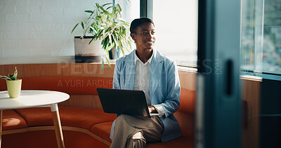 Buy stock photo Black woman, laptop an thinking by window in office lounge with perspective for property development. African person, realtor and happy with reflection, computer and decision at real estate agency