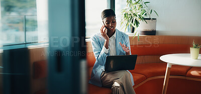 Buy stock photo Laptop, office and black woman with phone call for communication, copywriting or opportunity. Discussion, advice and editor talking on mobile, contact or support for online editing in startup agency