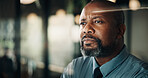 Thinking, business and black man in office at night for problem solving, investment and decision. Corporate, glass and mature person with reflection for solution, budget planning and financial choice