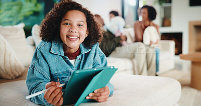 Buy stock photo Girl, tablet and smile on sofa with drawing, portrait and stylus with relax for creativity in lounge. Child, happy and tech with application, sketching or e learning for education at family house