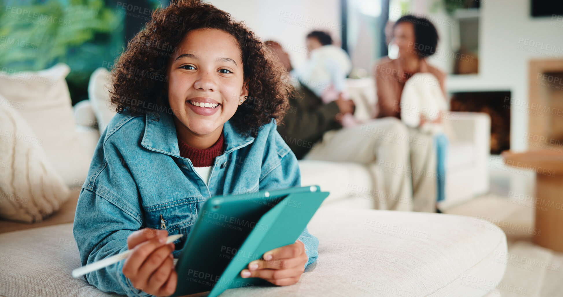 Buy stock photo Girl, tablet and smile on sofa with drawing, portrait and stylus with relax for creativity in lounge. Child, happy and tech with application, sketching or e learning for education at family house
