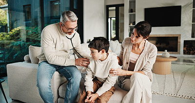 Buy stock photo Mother, child and doctor with stethoscope for home visit, healthcare checkup and support for wellness. Parent, sick boy or pediatrician with medical exam for illness assessment, care or consultation