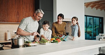 Buy stock photo Family, children and teaching with skills, cooking and meal prep in home for education. Parents, kids and learning recipe with support, development or bonding in kitchen with ingredients for dinner