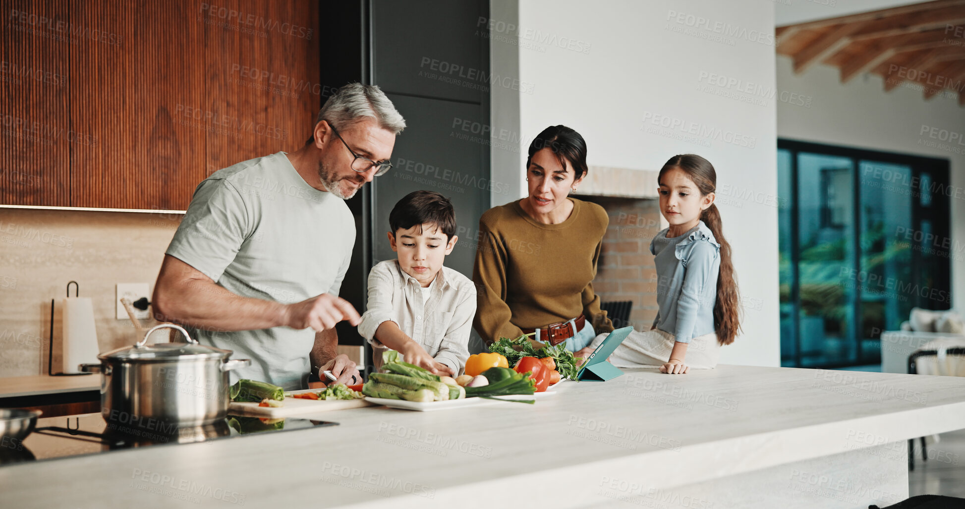 Buy stock photo Family, children and teaching with skills, cooking and meal prep in home for education. Parents, kids and learning recipe with support, development or bonding in kitchen with ingredients for dinner