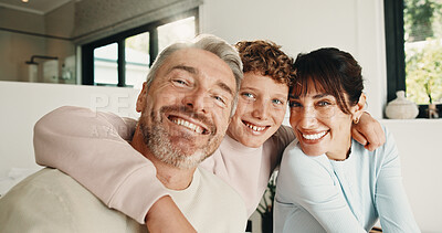 Buy stock photo Portrait, parents and hug with boy at house for love, appreciation and parental support. Smile, people and embrace teenager for affection, family interaction and positive attitude with connection