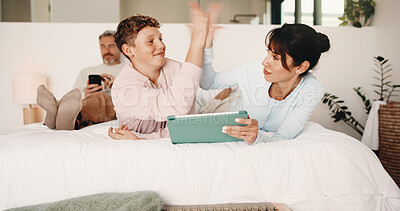 Buy stock photo High five, mother and child with tablet in bed for family, homework support and project success. Celebration, happy people and boy with tech for elearning assignment, task done and education in home