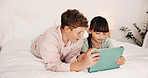 Children, bed and watching with tablet in home for entertainment or online subscription together. Boy, girl or siblings lying with technology, app or network in bedroom for movie, show or cartoon
