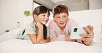 Smile, boy and girl with selfie in bedroom to relax, social media post and memory of siblings bonding. Photography, weekend break and children with morning picture for web update, home and connection