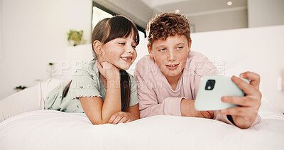 Buy stock photo Smile, boy and girl with selfie in bedroom to relax, social media post and memory of siblings bonding. Photography, weekend break and children with morning picture for web update, home and connection