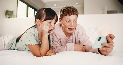 Buy stock photo Selfie, boy and girl with tongue out in bedroom, social media post and memory of siblings bonding. Photography, smile or children with morning picture for web update, funny face or connection in home