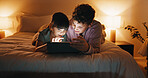 Bonding, relax and kids with tablet in bedroom for game, streaming cartoon or watch show at night. Tech, happy siblings and children at home for movie, subscription and entertainment on internet