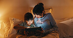Night, mother and child in bed with tablet, reading ebook and bedtime story for bonding together. Evening, mom and daughter relax in home with tech, literature or kids storytelling app for fairytale.
