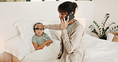 Buy stock photo Mother, phone call and child with fever in bed, medical appointment booking and symptoms discussion. Mobile, sick girl and woman with telehealth contact for advice, home or healthcare support hotline