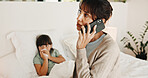 Mother, phone call or sick child with tissue in bed, medical appointment booking or telehealth contact. Mobile, ill girl or woman with symptoms discussion for advice, home or wellness support hotline