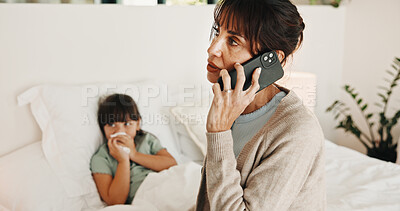 Buy stock photo Mother, phone call or sick child with tissue in bed, medical appointment booking or telehealth contact. Mobile, ill girl or woman with symptoms discussion for advice, home or wellness support hotline