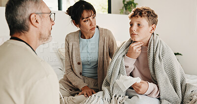 Buy stock photo Parents, care and sick child in bedroom, sore throat and virus infection with health check for flu symptoms. Illness, mom and dad with boy, bacteria inflammation and allergy with cold in family house