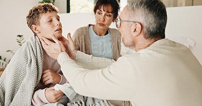 Buy stock photo Parents, care or sick child in home, tonsillitis and virus infection with health check for flu symptoms. Illness, mom or dad with boy, bacteria inflammation or sore throat for allergy in family house