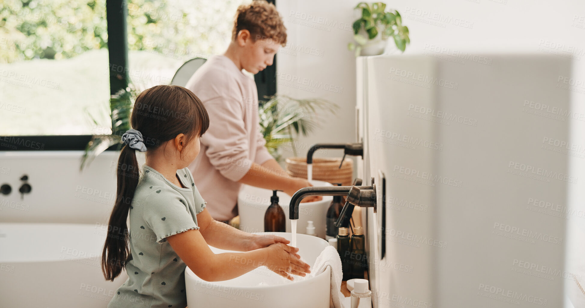 Buy stock photo Health, washing hands or kids in house for wellness, bacteria removal or hygiene in child growth. Safety, siblings or people with routine, virus protection or disinfection in childhood development.