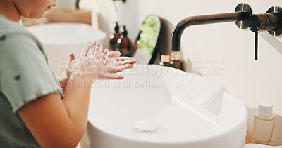 Buy stock photo Health, washing hands or kid in home for wellness, bacteria removal or hygiene in child growth. Safety, clean or girl in house with routine, virus prevention or disinfection in childhood development.