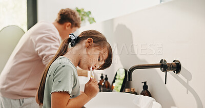 Buy stock photo Dental, routine or children in house with toothbrush, cavity prevention or oral care in cleaning plaque. Wellness, mouth or kids with tool, bacteria removal or hygiene habit in childhood development.